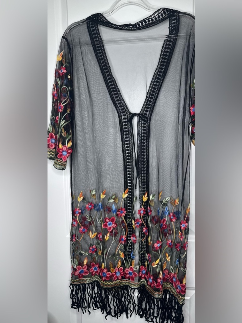 Asha Sheer floral Embroidered Kimono swim western fringe cover with tie accent - Picture 7 of 7